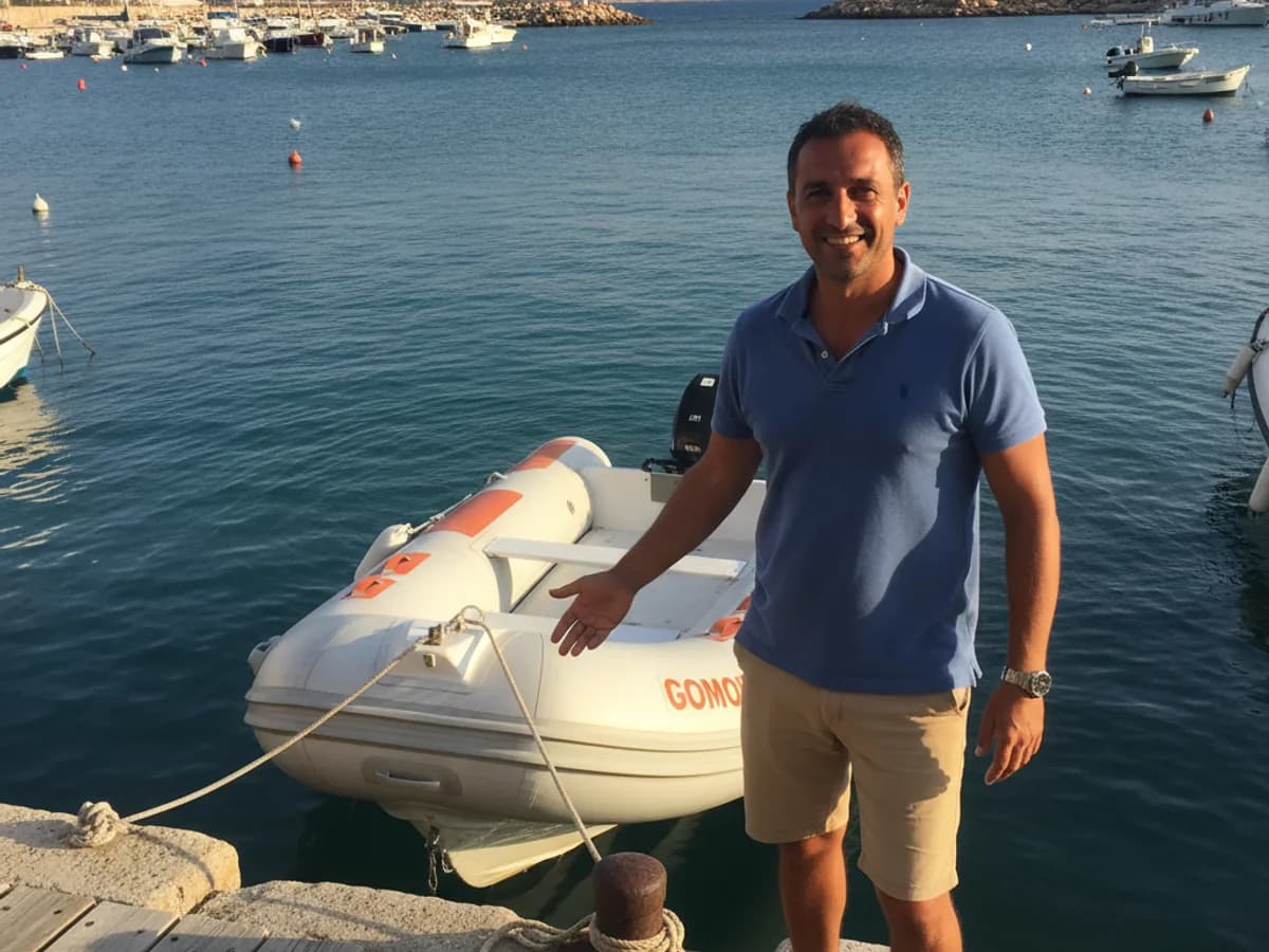 Lo skipper di Palau Noleggio Gommoni al molo, pronto a partire per l’arcipelago